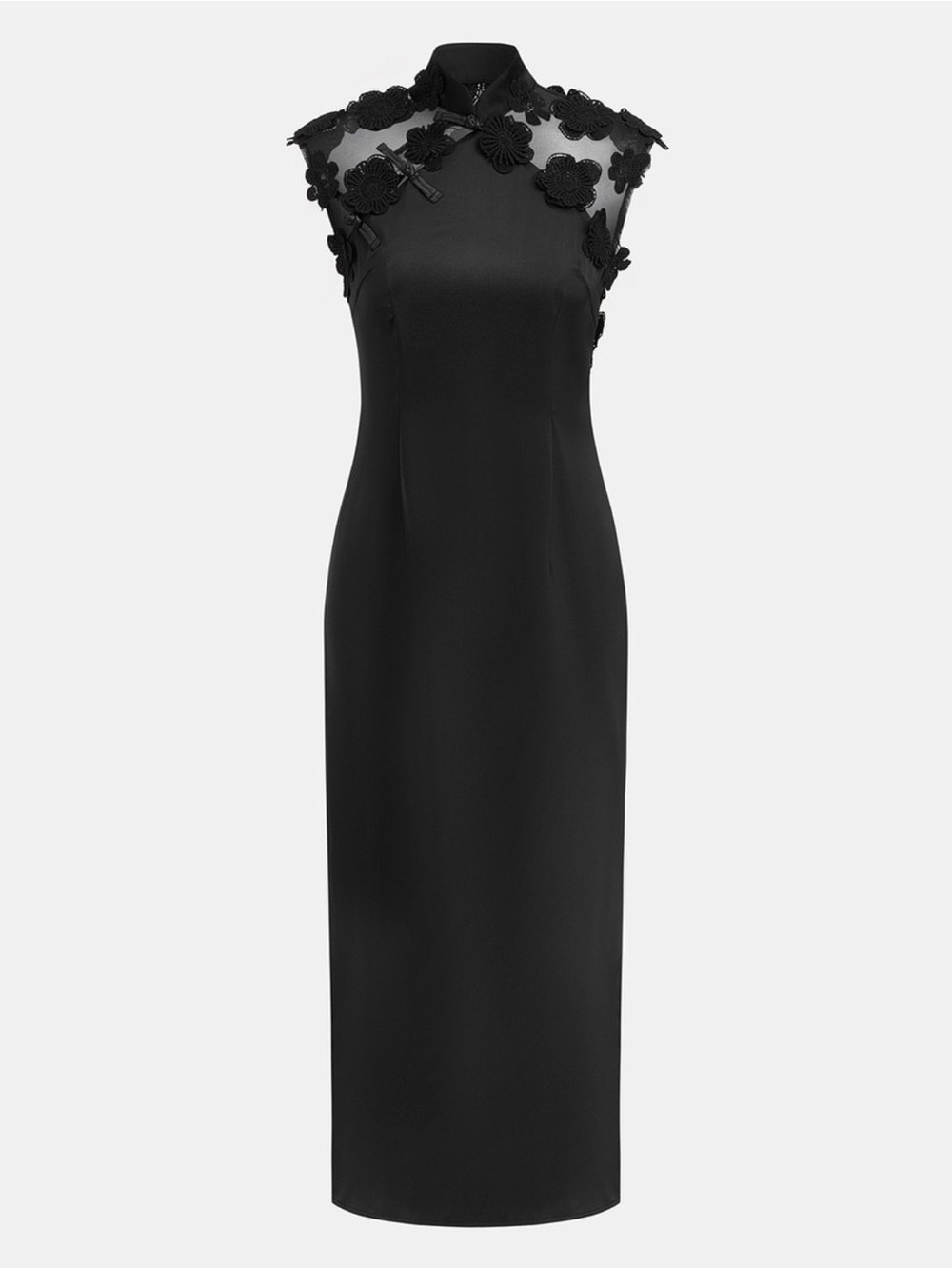 Commense Black Floral-Appliqué Mandarin Dress